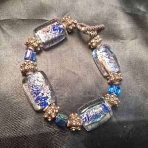 P23. VINTAGE 925 Sterling Silver Blue Dichoric Glass Art Beads Bracelet 6.5"-7"
